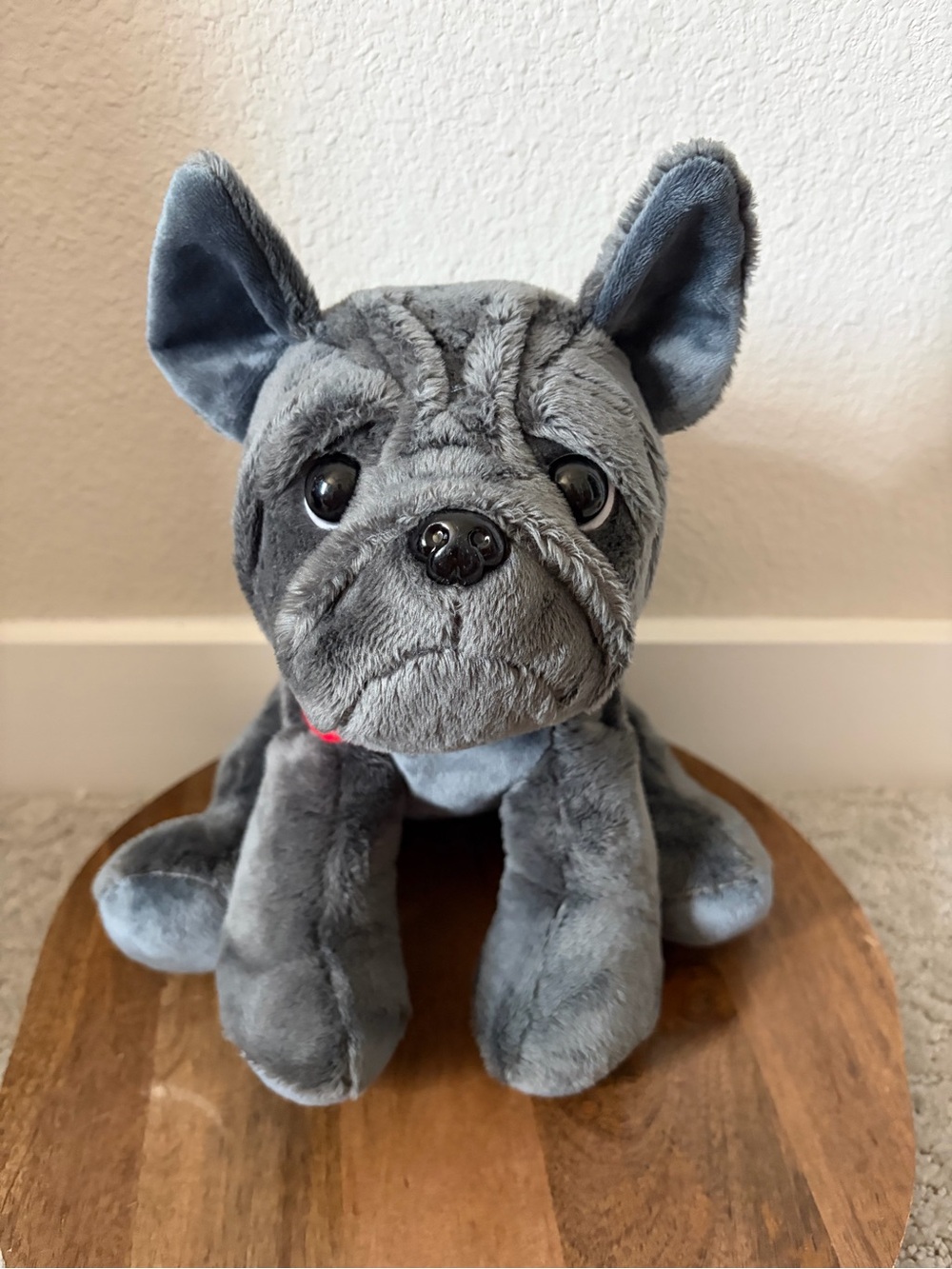 Plush Gray French Bulldog with red rose on collar Dog Toy 8”